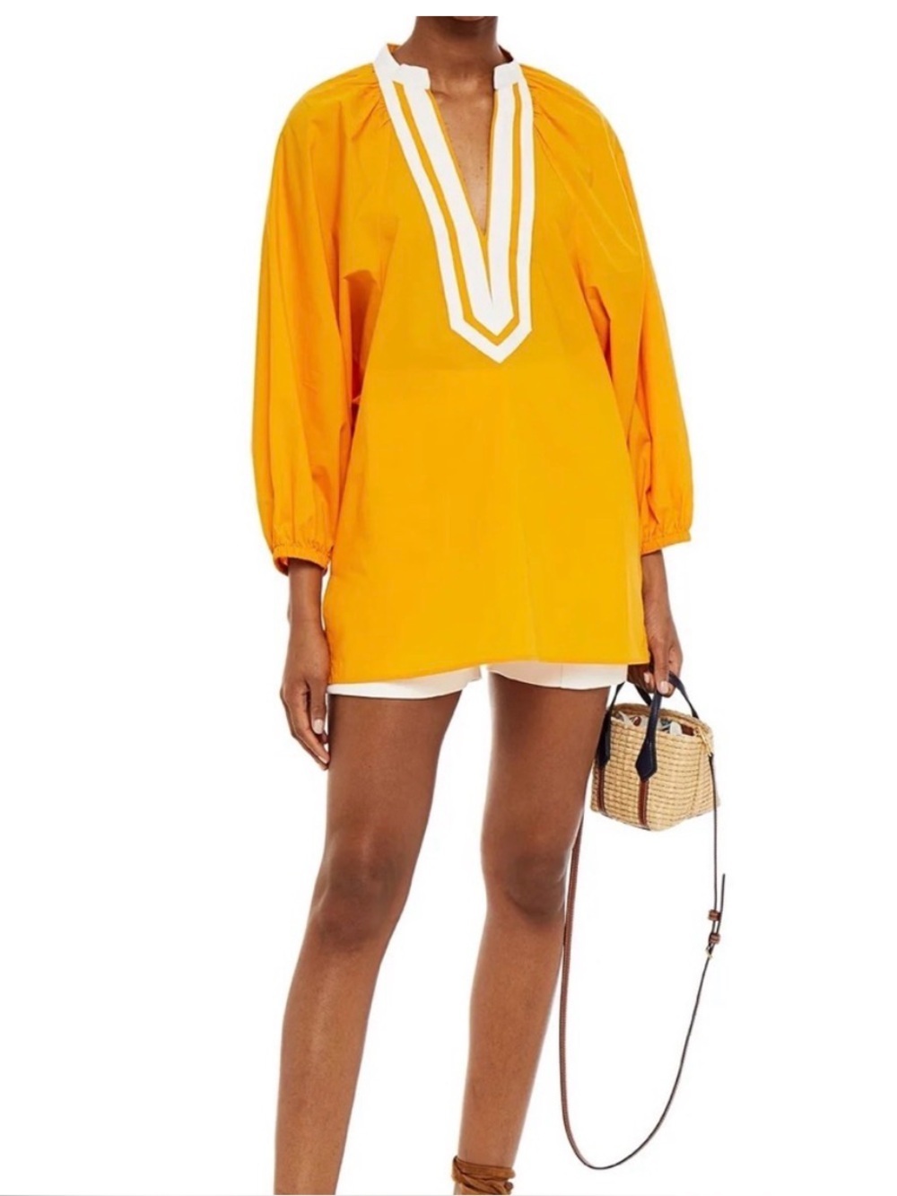TORY BURCH Puff Sleeve Cotton Tunic Orange Shirt Dress Blouse Poplin XL NWT